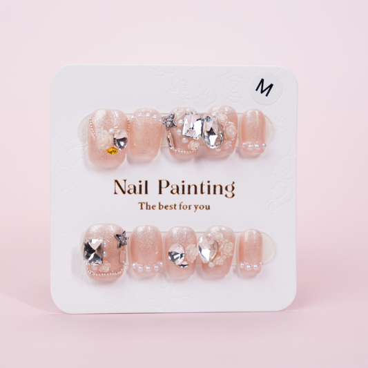 Floral Rhinestone On Nude Press-ons