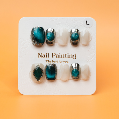 Emerald Chrome On Milky White Press-ons