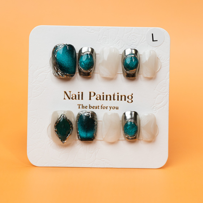 Emerald Chrome On Milky White Press-ons